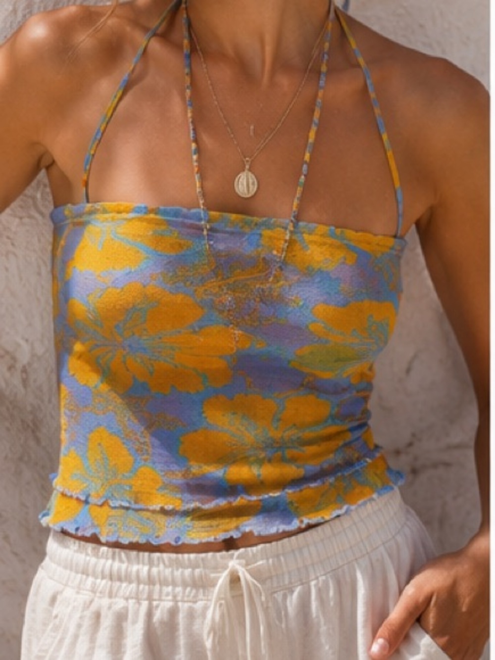 Free People Poppy Smocked Stretch Removeable Halter Strap Top Blue Orange NWT XL